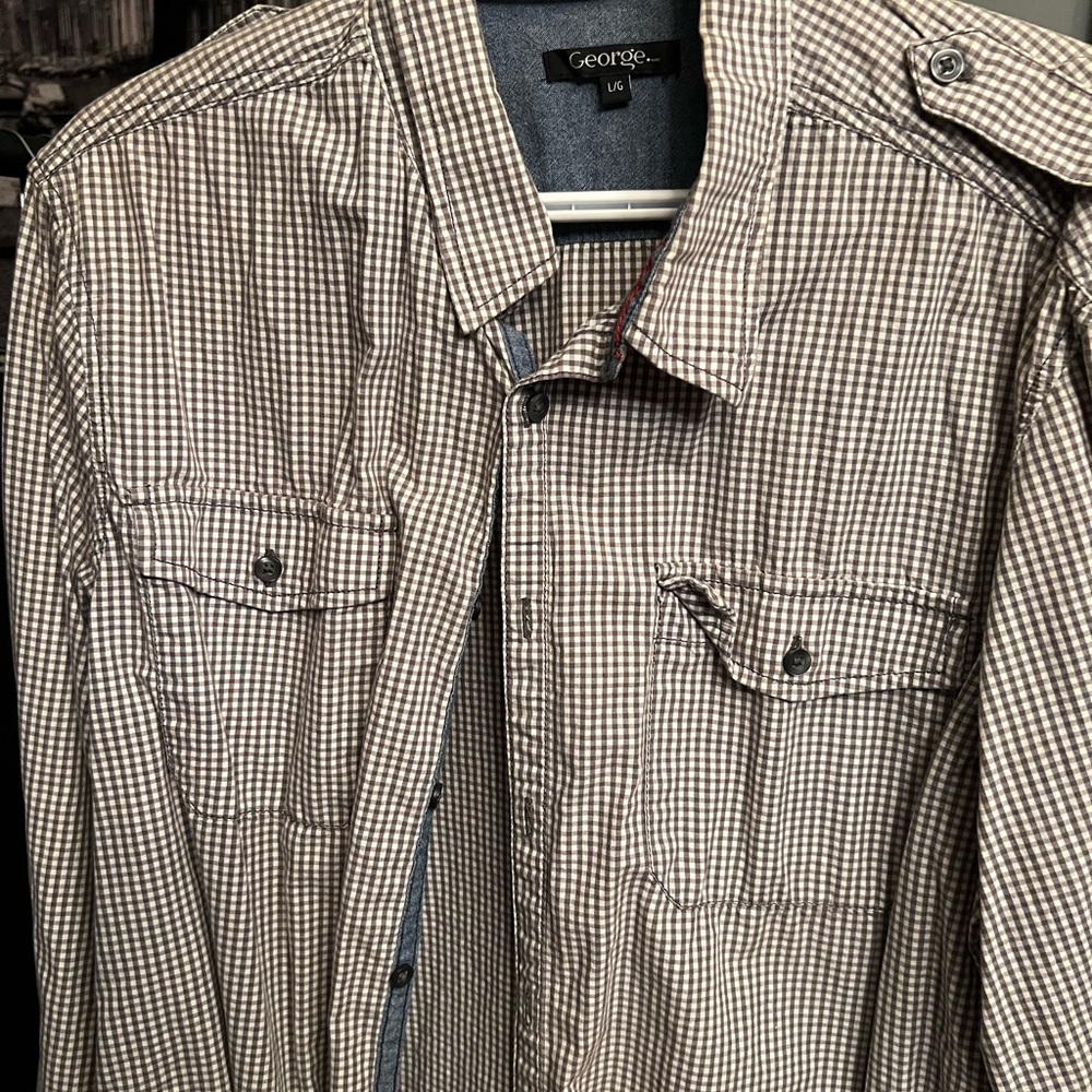 George Tan Checkered Button-Up Shirt large
